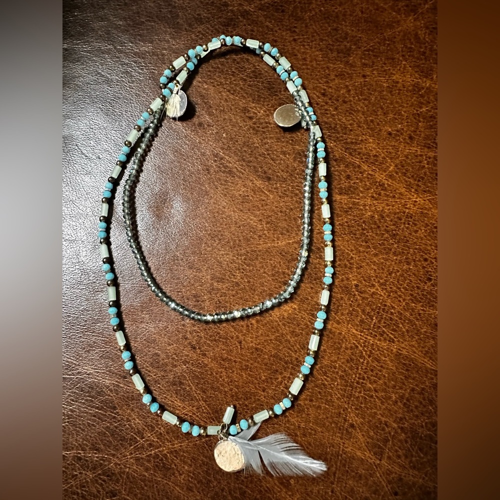 Beaded Feather Pendant Necklace with Turquoise, green and gold Beads